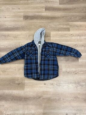 Field & Stream Blue and Black Plaid Hooded Button-Down Shirt